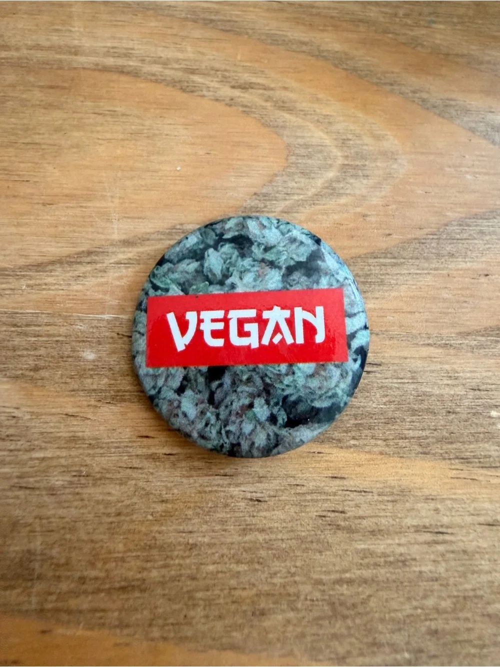 Vegan Graphic Pinback Button — Green Pattern with Red Logo